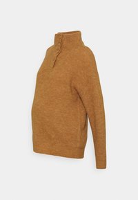 Pull côtelé jaune moutarde avec un col montant et une patte de boutonnage à trois boutons. Présente une coupe décontractée et un tissu texturé, idéal pour superposer.