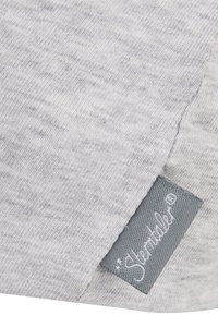 Gray cotton fabric with a textured surface, featuring a stitched tag in a contrasting gray with white text on the bottom edge.