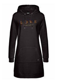 Schwarzes Hoodie-Kleid aus weichem Stoff, mit einer Fronttasche, Kordeln und dem Aufdruck "LOVE yourself" in Gold auf der Brust.