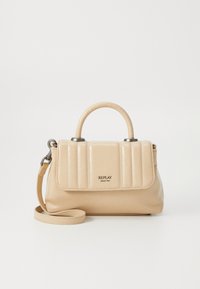 Beige håndveske laget av syntetisk skinn, med stikking design, topphåndtak, avtagbar stropp og en liten logo foran.