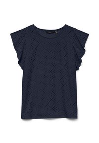 Tumesinise värvusega lühikeste varrukatega pluus, millel on tikkimismustri kujuline pits, ümara kaelusega ja heljuvate varrukatega.