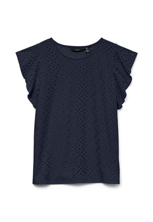 Marineblå kortermet bluse med hullmønster i blonder, rund halsutringning og flagrende ermer.
