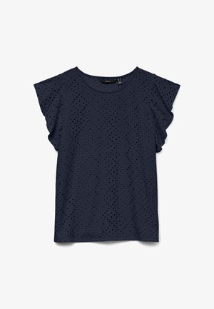 Marineblå kortermet bluse med hullmønster i blonder, rund halsutringning og flagrende ermer.