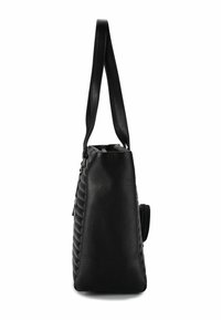 Schwarze Lederhandtasche mit einem strukturierten, geprägten Muster, das eine formstabile Form und zwei robuste Griffe zum Tragen bietet.