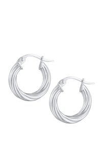 Sølvcreoler med et snoet design, der har en glat tekstur og en sikker lås. Hver ørering er rund med en skinnende finish.