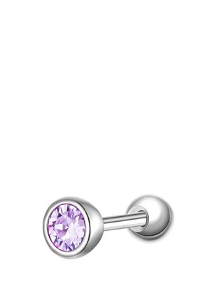 Orecchino stile bilanciere in argento con una pietra preziosa tonda, sfaccettata, di colore viola chiaro incastonata in una griffe su un'estremità e una pallina liscia sull'altra.