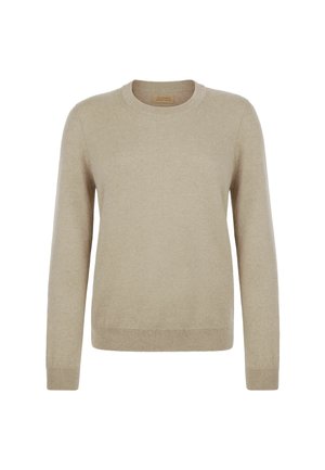 Beige Wollpullover mit Rundhalsausschnitt, langen Ärmeln, schlichter Textur sowie gerippten Bündchen und Saum. Design ist einfach und locker geschnitten.