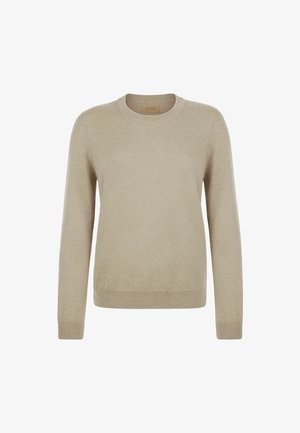 Beige Wollpullover mit Rundhalsausschnitt, langen Ärmeln, schlichter Textur sowie gerippten Bündchen und Saum. Design ist einfach und locker geschnitten.