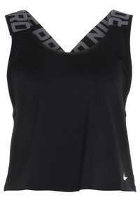 Sort atletisk tanktop med V-formet halsudskæring, brede mærkede stropper og et lille hvidt logo på nederste højre side. Glat, strækbart stof.