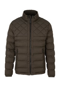 Giacca imbottita verde scuro, con motivo trapuntato a rombi, collo alto e tasche con cerniera su entrambi i lati.