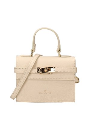 Borsa a mano in pelle beige con design strutturato, manico superiore corto e tracolla rimovibile. Caratterizzata da hardware dorato e logo impresso.