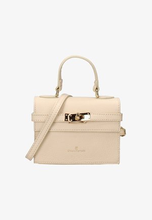 Beige leren handtas met een gestructureerd ontwerp, korte bovenhandgreep en verwijderbare schouderband. Kenmerkt zich door gouden hardware en een gegraveerd logo.