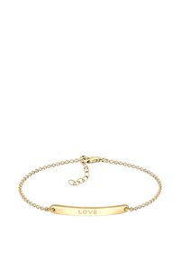 Goldarmband mit einer zarten Kette, die einen glatten Stab ziert, auf dem das Wort "LIEBE" eingraviert ist. Verstellbarer Verschluss und Kettenverlängerung sind enthalten.