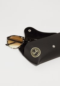 Ochelari de soare din scoică cu lentile maronii cu gradient, odihnindu-se într-un etui negru texturat, cu un logo auriu și închidere cu capse argintii.