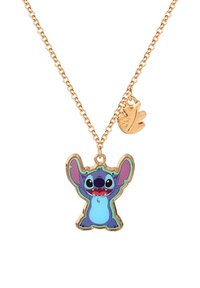 Collana in tonalità oro con ciondolo di un personaggio dei cartoni animati blu, con design in rilievo, espressione sorridente e piccolo charm a forma di foglia.