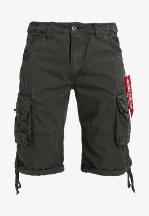 Dark green cargo shorts made from durable fabric, featuring multiple side pockets, a drawstring hem, and a red tag accent.