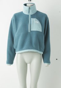 Light blue fleece pullover with a zippered collar, featuring a chest pocket in a contrasting fabric. Cropped design and textured surface.