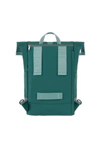 Groene textielen rugzak met verstelbare schouderbanden, bovenhandvat, voorvak met rits en zijlussen. Kenmerkt zich door een slank, modern ontwerp en een vlakke bodem.