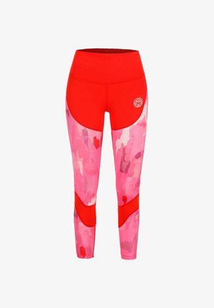 Leggings sportivi rossi con un motivo astratto rosa, vita alta e pannelli laterali rossi a contrasto. Realizzati in materiale elastico e traspirante.