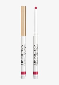 Lip-pencil met een gouden metalen dop, witte behuizing en roze accenten; heeft een dra Mechanisme en een doorzichtige punt voor nauwkeurige applicatie.