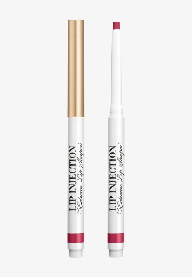 Lip-pencil met een gouden metalen dop, witte behuizing en roze accenten; heeft een dra Mechanisme en een doorzichtige punt voor nauwkeurige applicatie.