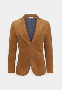 Hnědý kordový blazer s klopovým límcem, dvěma knoflíky a dvěma předními kapsami. Podšitý kontrastní modrou látkou. Texturovaný povrch.