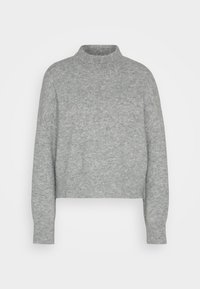 Hellgrauer, taillierter Pulli mit hohem Kragen, langen Ärmeln, gerippten Bündchen und einem weichen, strukturierten Stoff. Einfaches, minimalistisches Design.