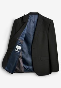 Zwarte colbert met notched lapels, een enkelvoudig ontwerp en marineblauw interieur. Bevat twee voorzakken en knopendetails.