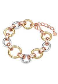Pulsera de metal con círculos entrelazados en oro rosa, plata y oro. Incluye un cierre de gancho con una cadena ajustable y un pequeño colgante.