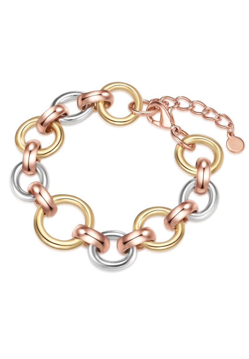 Pulsera de metal con círculos entrelazados en oro rosa, plata y oro. Incluye un cierre de gancho con una cadena ajustable y un pequeño colgante.