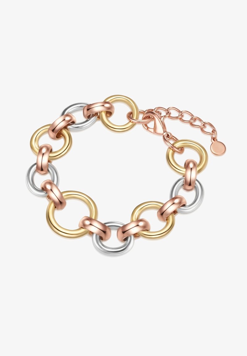 Pulsera de metal con círculos entrelazados en oro rosa, plata y oro. Incluye un cierre de gancho con una cadena ajustable y un pequeño colgante.