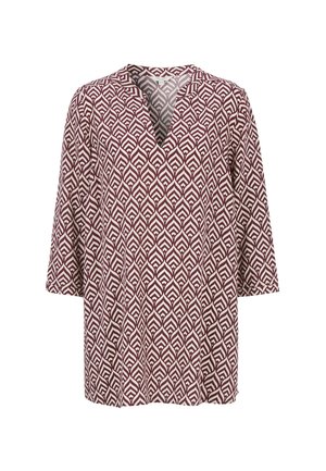 Langärmlige Bluse mit geometrischem Blattmuster in Bordeauxrot und Weiß sowie einem V-Ausschnitt, auf weißem Hintergrund präsentiert.