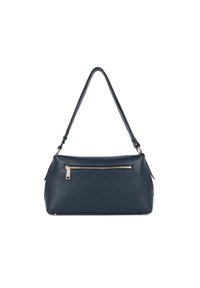 Borsa in pelle blu navy con una forma strutturata, una tracolla corta e una tasca anteriore con zip caratterizzata da dettagli in metallo dorato.