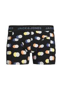 Black boxer briefs with a variety of circular patterns in white, yellow, orange, and blue. Elastic waistband with “JACK & JONES” branding.