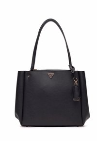 Borsa a tracolla nera in pelle sintetica, con un design strutturato, manici doppi e un dettaglio in logo dorato sulla parte anteriore.