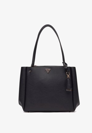 Sac fourre-tout noir en simili cuir, avec un design structuré, des poignées doubles et un logo en doré sur le devant.