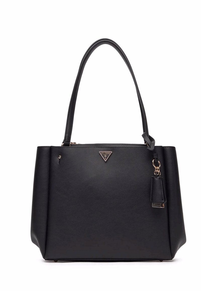 Borsa a tracolla nera in pelle sintetica, con un design strutturato, manici doppi e un dettaglio in logo dorato sulla parte anteriore.