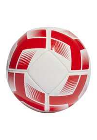 Balón de rugby rojo y blanco con un acabado brillante, que presenta un patrón geométrico de rayas alternas y secciones rojas sólidas.
