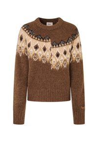 Maglione lavorato a maglia marrone caratterizzato da un motivo fair isle in crema e nero, collo rotondo e polsini e orlo a coste. Tessuto morbido e strutturato.