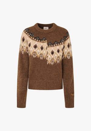 Bruine gebreide trui met een fair isle-patroon in crème en zwart, ronde halslijn en geribde manchetten en zoom. Zacht, textuurstof.