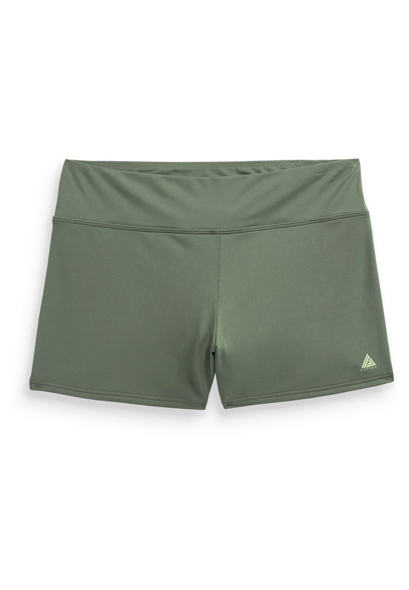 Pantaloni sportivi da donna verde oliva con una fascia in vita ampia e un piccolo logo triangolare bianco sulla parte bassa della gamba destra.
