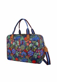 Sac en tissu à motifs floraux bleus, avec des accents en cuir marron. Comprend des poignées doubles et une bandoulière rayée amovible.