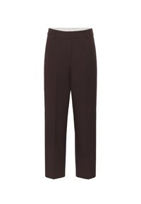 Braune Hose mit maßgeschneidertem Schnitt, ausgestattet mit flacher Vorderseite, glattem Material, Gürtelschlaufen und sauberem Saum, entworfen für ein klassisches Erscheinungsbild.
