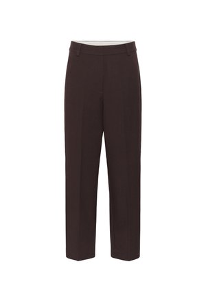 Brown trousers with a tailored fit, featuring a flat front, smooth texture, belt loops, and a clean hem, designed for a classic appearance.