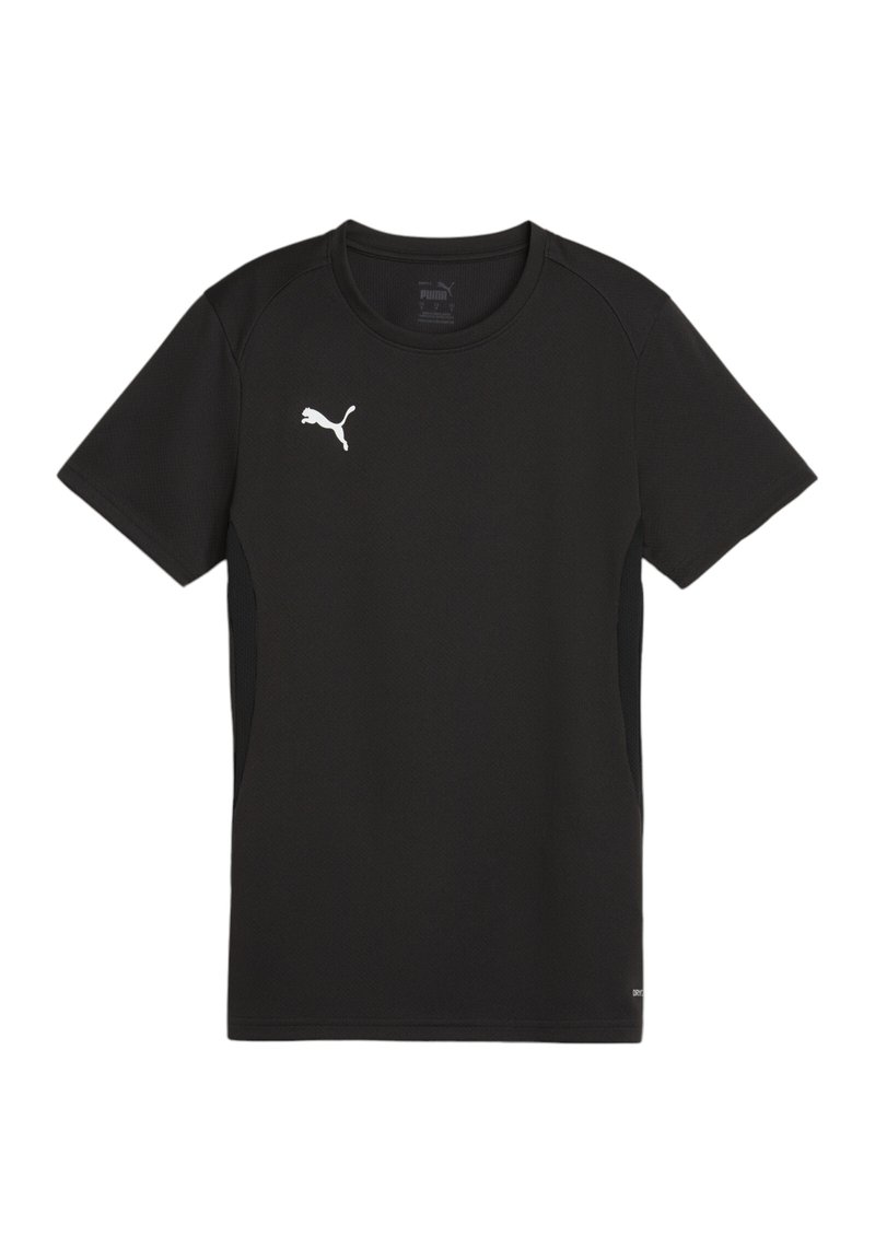 Zwart sport T-shirt met korte mouwen, ronde hals, mesh textuur en wit Puma-logo op de linkerborst.