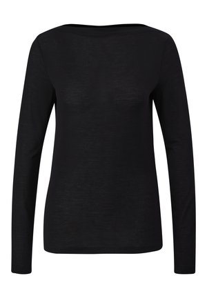 Zwarte langarmtop met een bootnek. Gemaakt van lichtgewicht, licht doorschijnende stof, met een aansluitend ontwerp en zonder verdere versieringen.