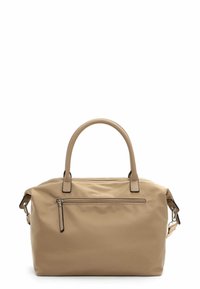 Borsa a mano in nylon beige con due manici, una tracolla staccabile e una tasca con zip sul fronte. Texture liscia, design minimalista.