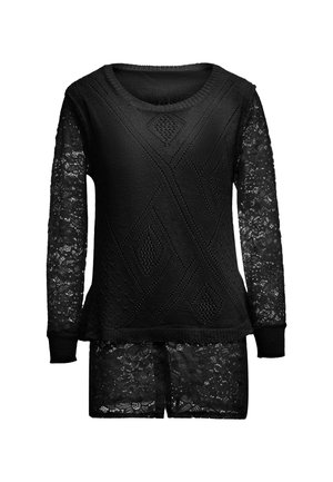 Maglione nero con un corpo in maglia testurizzata e maniche lunghe in pizzo. Presenta un colletto a girocollo e una vestibilità comoda, accentuata da un design a motivo.