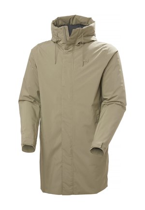 Impermeabile lungo beige con cappuccio, cerniera frontale, tasche laterali, polsini regolabili e coulisse sul cappuccio per la protezione dalle intemperie.
