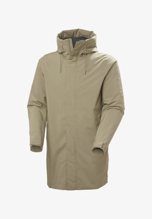 Abrigo largo beige con capucha, cremallera frontal, bolsillos laterales, puños ajustables y cordones en la capucha para protección contra el clima.